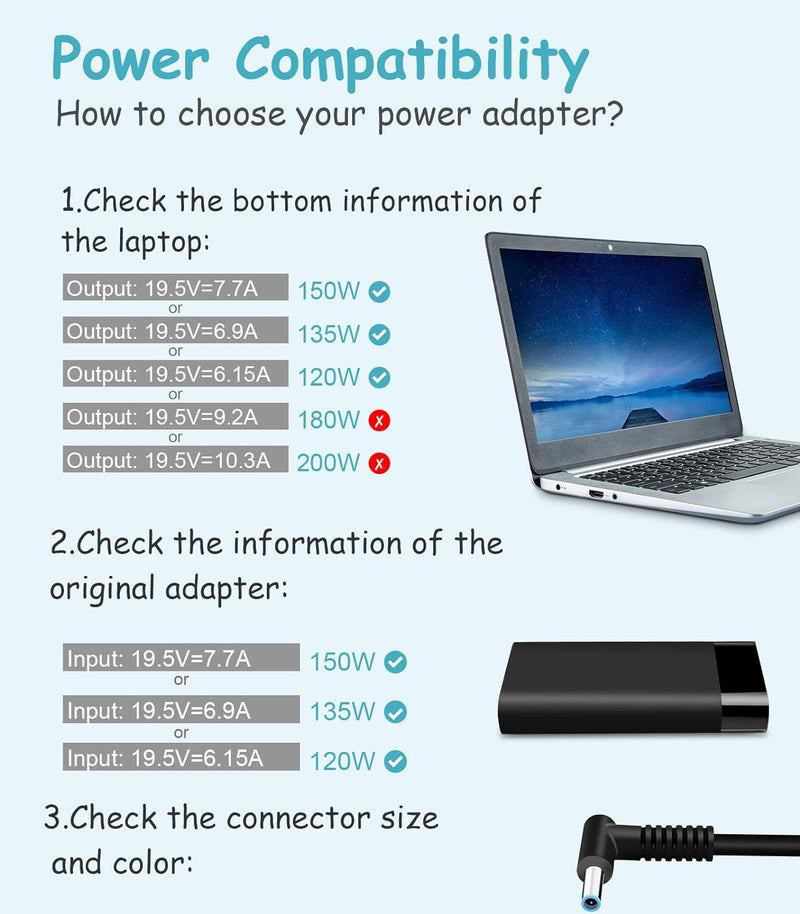 150W 19,5V 7,7A Laptop Netzteil Ladekabel für HP Omen 15 17/Pavilion Gaming 15 17/Zbook 15 G3 G4 G5