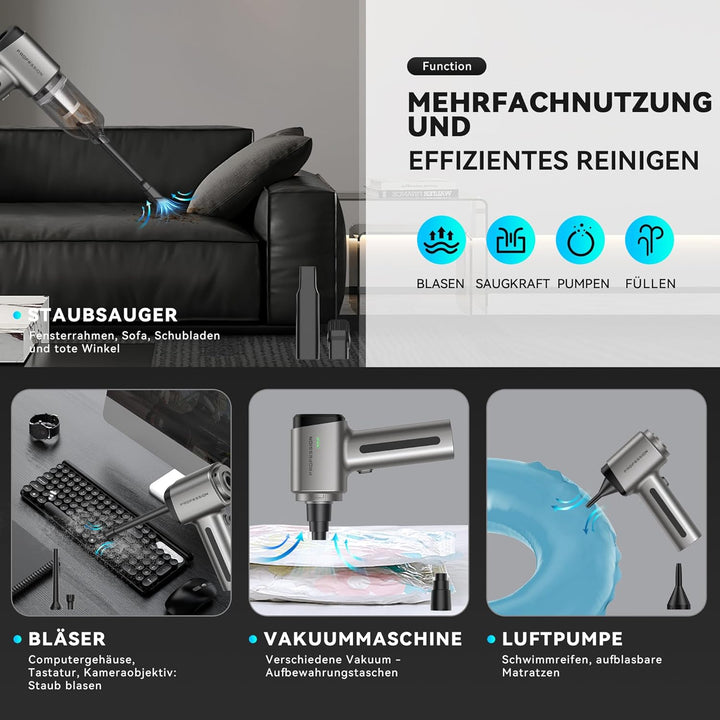 Handstaubsauger Akku Kabellos Autostaubsauger Stark 28000Pa | 4-in-1, Aufladbar, Tragbar, Bürstenlos