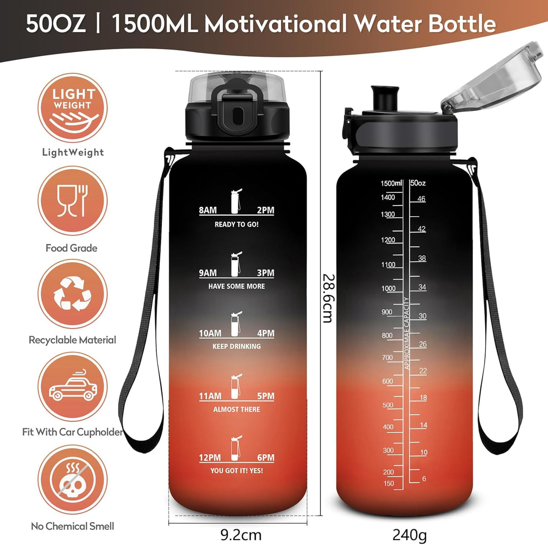 KollyKolla Trinkflasche Kohlensäure Geeignet, 500ml/1L/1.5L, Sport Trinkflasche mit Zeitmarkierung,