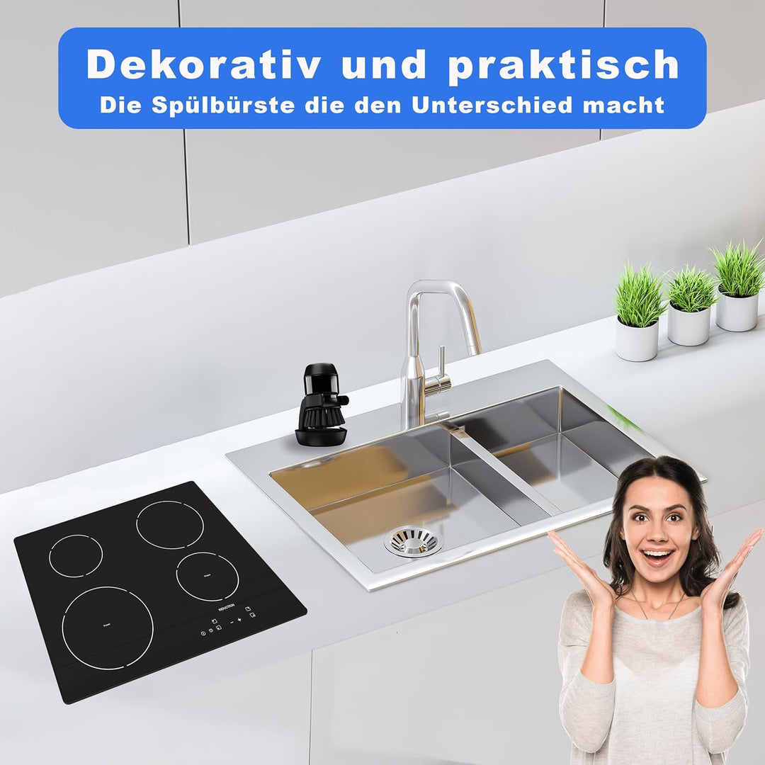 Spülbürste mit Spülmittelspender - Multifunktionale Reinigungsbürste zum Drücken - Schwarze Küchenbü