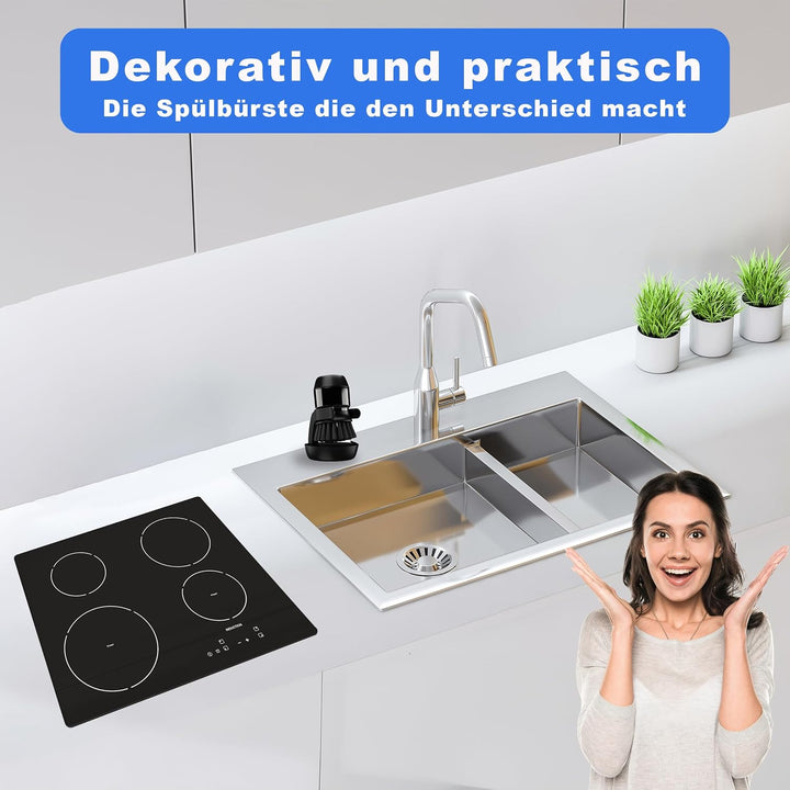 Spülbürste mit Spülmittelspender - Multifunktionale Reinigungsbürste zum Drücken - Schwarze Küchenbü