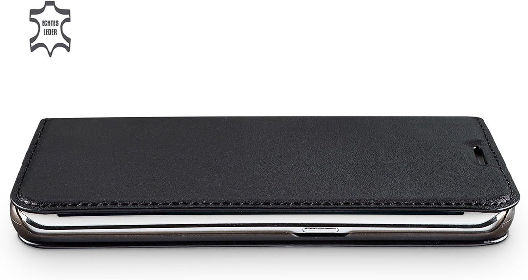 WIIUKA Echt Ledertasche -TRAVEL- für Samsung Galaxy S7 mit Kartenfach, extra Dünn, Tasche Schwarz, L