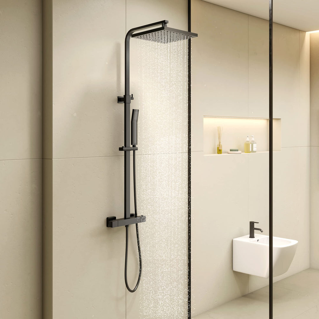 KOMIRO Duschsystem mit Thermostat, Regendusche mit armatur, Duscharmatur Schwarz, Duschgarnitur Kopf