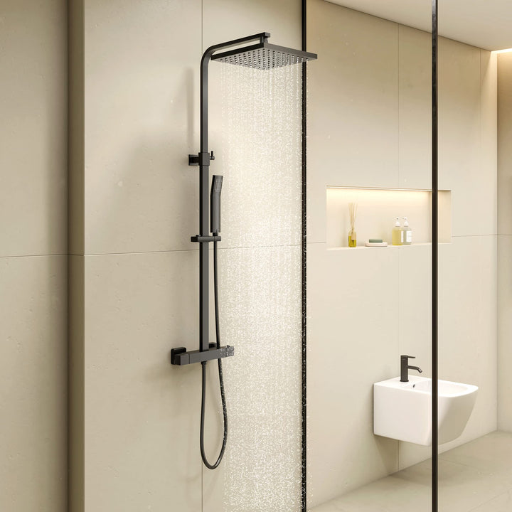 KOMIRO Duschsystem mit Thermostat, Regendusche mit armatur, Duscharmatur Schwarz, Duschgarnitur Kopf