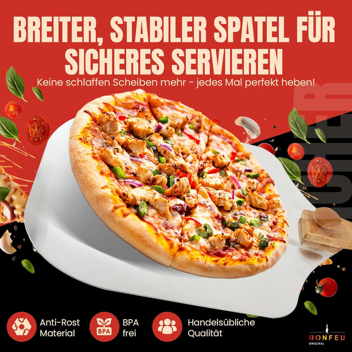 BonFeu Pizzaschieber und Pizzaschneider Set - Pizzaschaufel mit Abnehmbarem Holzgriff - Pizza Schieb