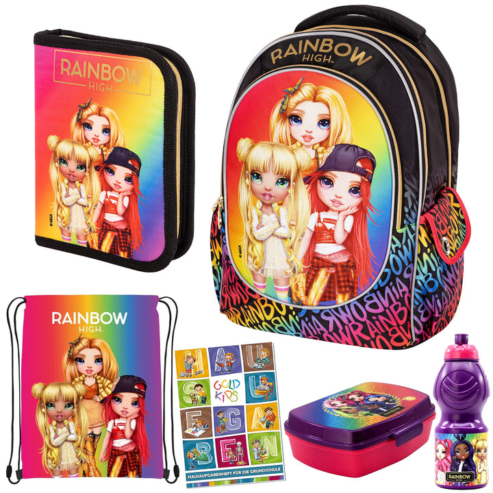 Goldkids Set 6er Schulranzen Ranzen Federmappe Turnbeutel Brotdose Trinkflasche Aufgabenheft Rainbow