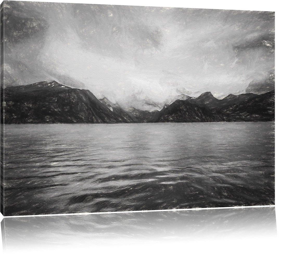 Pixxprint eine schöne Landschaft im Norden Kunst Kohle Effekt, Format: 100x70 auf Leinwand, XXL ries