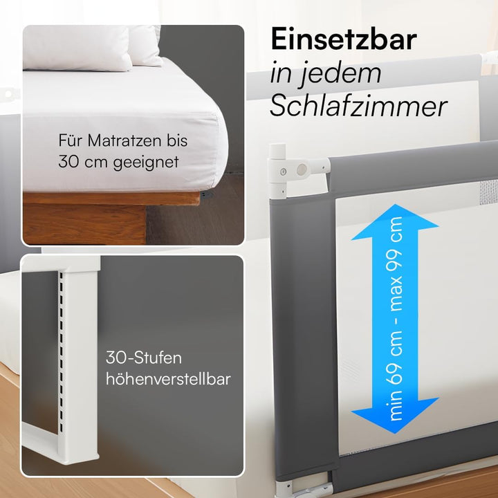 BELLABINO Drina Rausfallschutz – Bettschutzgitter 150 cm Dunkelgrau – Bettgitter höhenverstellbar 69