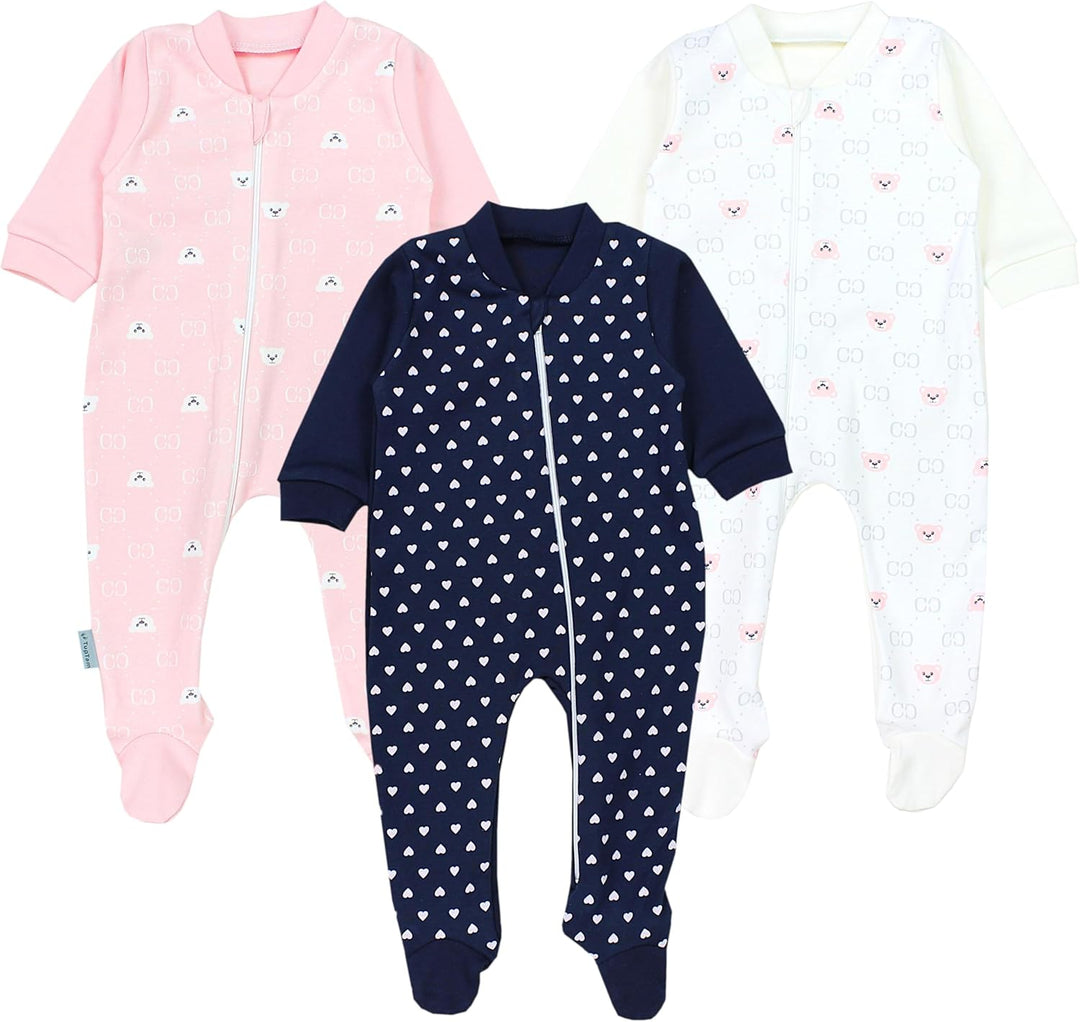 TupTam Baby Unisex Schlafstrampler Mädchen Schlafanzug mit Fuss Jungen Spieler 3er Pack 56 Herzen Du