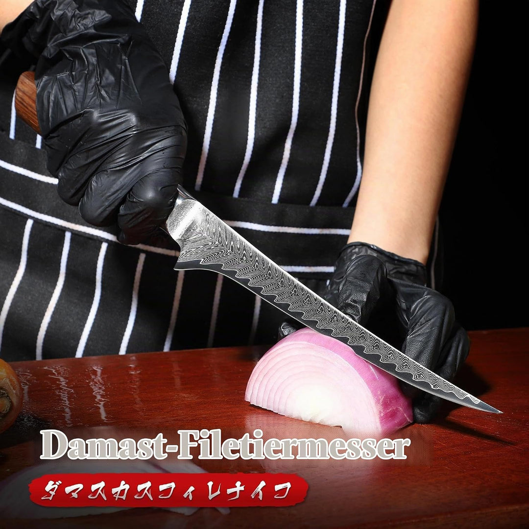 Dragon Creek Ausbeinmesser 19cm, Damaststahl, Präzises Fisch- und Fleischmesser, Ergonomischer Holzg