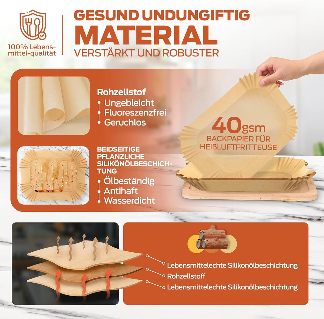 PORTENTUM Backpapier für Heissluftfritteuse mit Doppelkammer, 100 Stück 22x14cm Rechteckig Airfryer