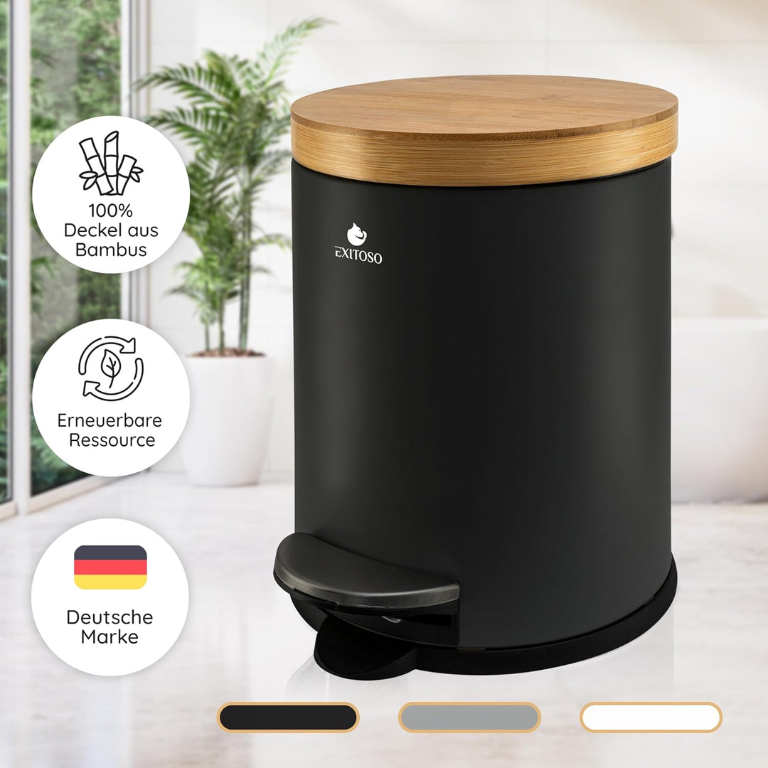 Exitoso 5L Mülleimer Bad Schwarz - Kosmetikeimer mit Bambus-Holzdeckel und Absenkautomatik - mit Rut