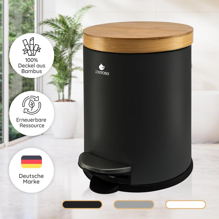Exitoso 5L Mülleimer Bad Schwarz - Kosmetikeimer mit Bambus-Holzdeckel und Absenkautomatik - mit Rut