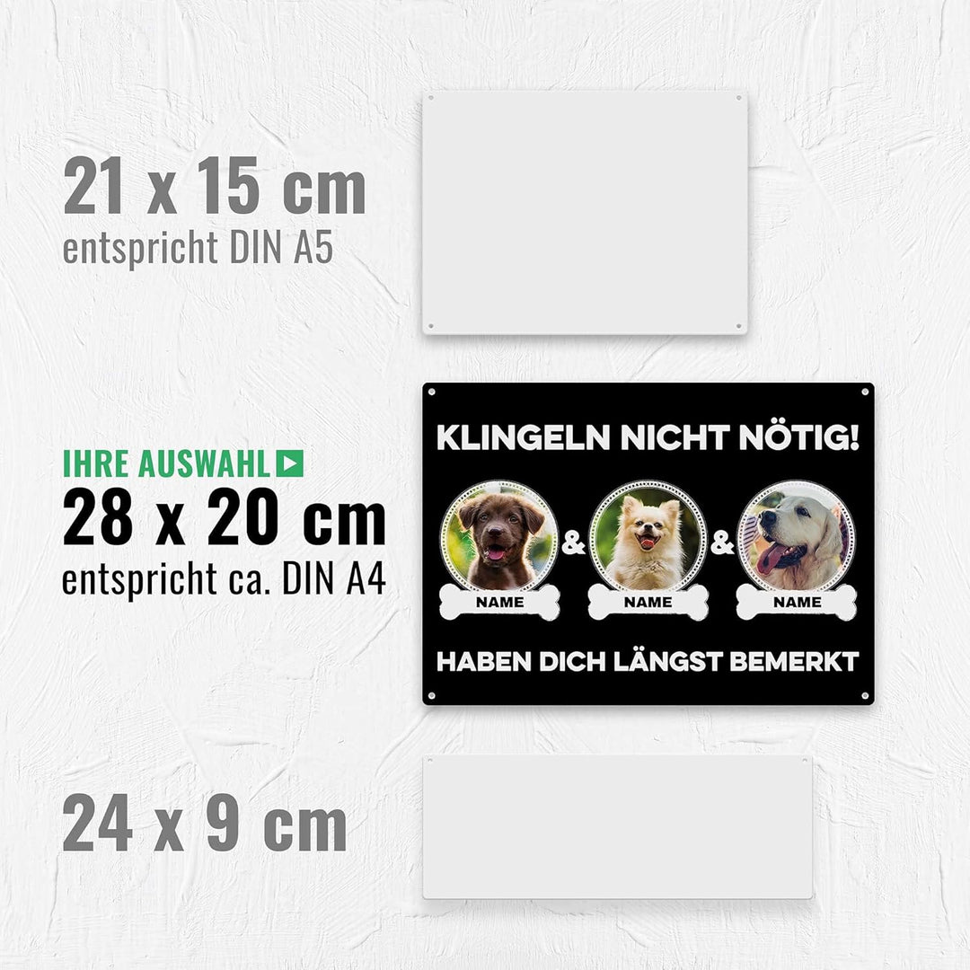 Hunde Schild personalisiert - Klingeln nicht nötig - Metallschild mit Foto und Name für aussen, wett