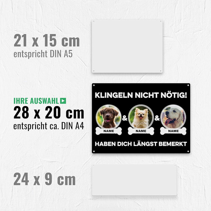 Hunde Schild personalisiert - Klingeln nicht nötig - Metallschild mit Foto und Name für aussen, wett