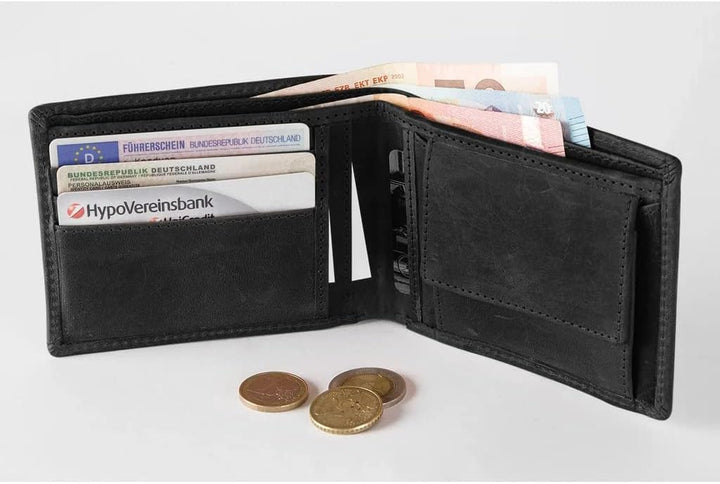 HOLZRICHTER Berlin Geldbörse Klein - Handgefertigtes Portemonnaie aus Leder für Herren Quer - Schwar