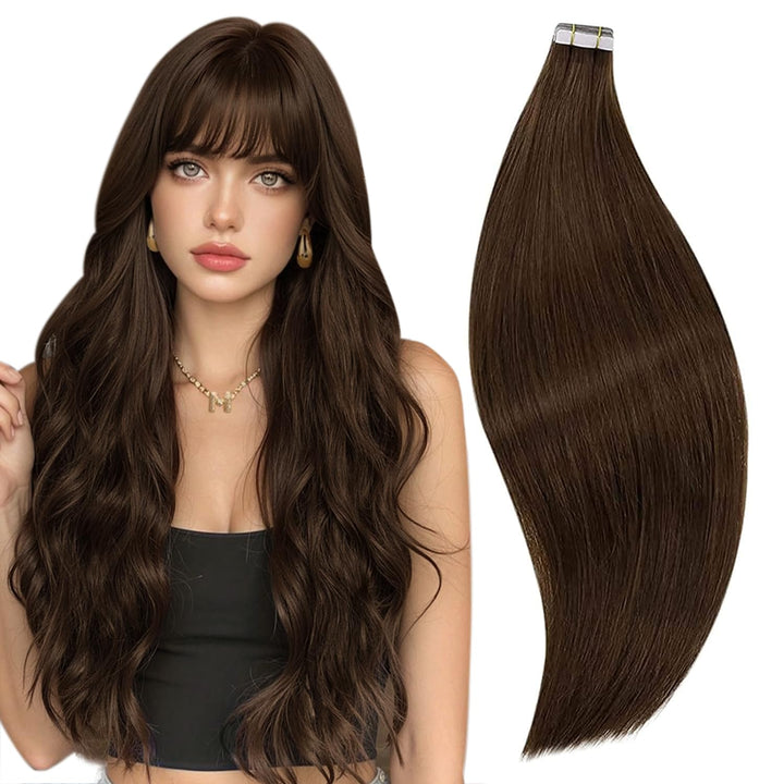 RUNATURE Tape in Extensions Echthaar Braun Kurz 30cm Haarverlängerung Tape Echthaar Braun 20 Stück 4