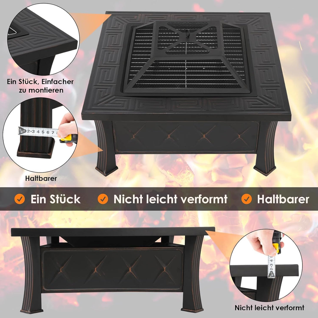 Feuerschale mit Grillrost und Funkenschutz, 3 in 1 Feuerstelle Outdoor Quadratisch mit Abdeckung, Fe