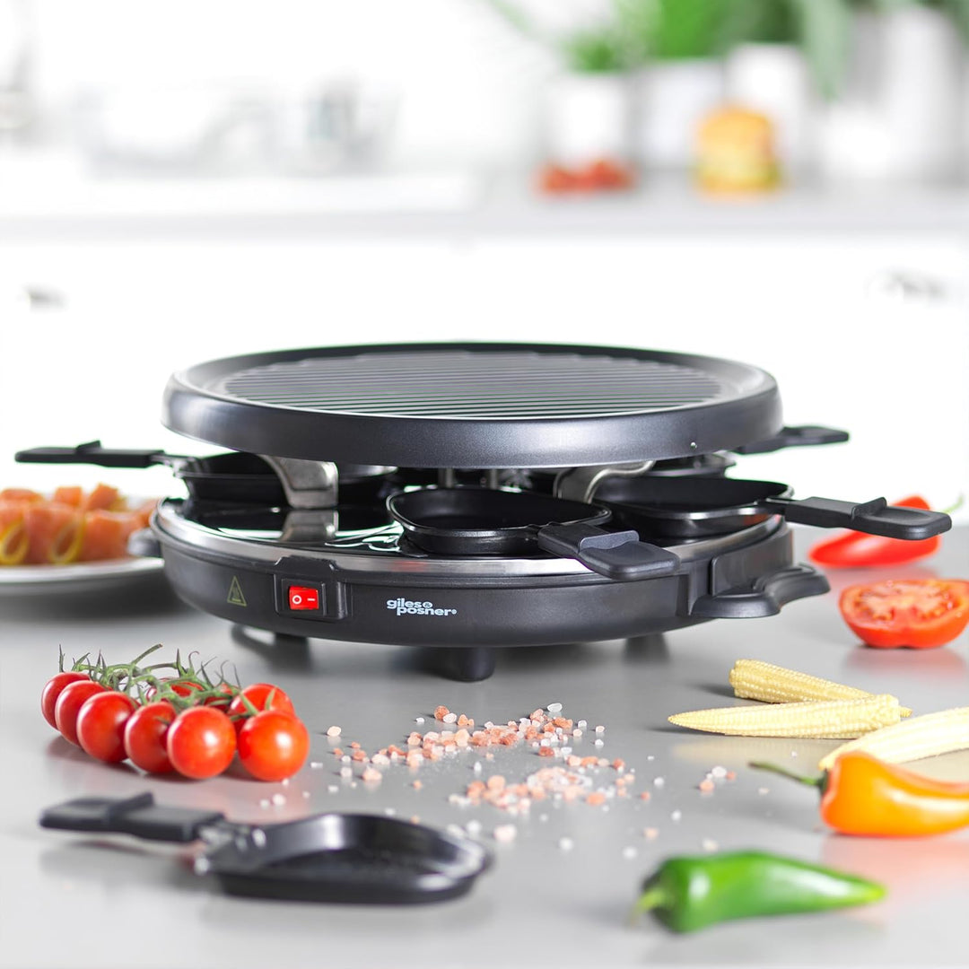 Giles & Posner Tisch-Raclette-Grill – 800W Elektrogrill mit 6 antihaftbeschichteten Pfännchen, 6 Hol