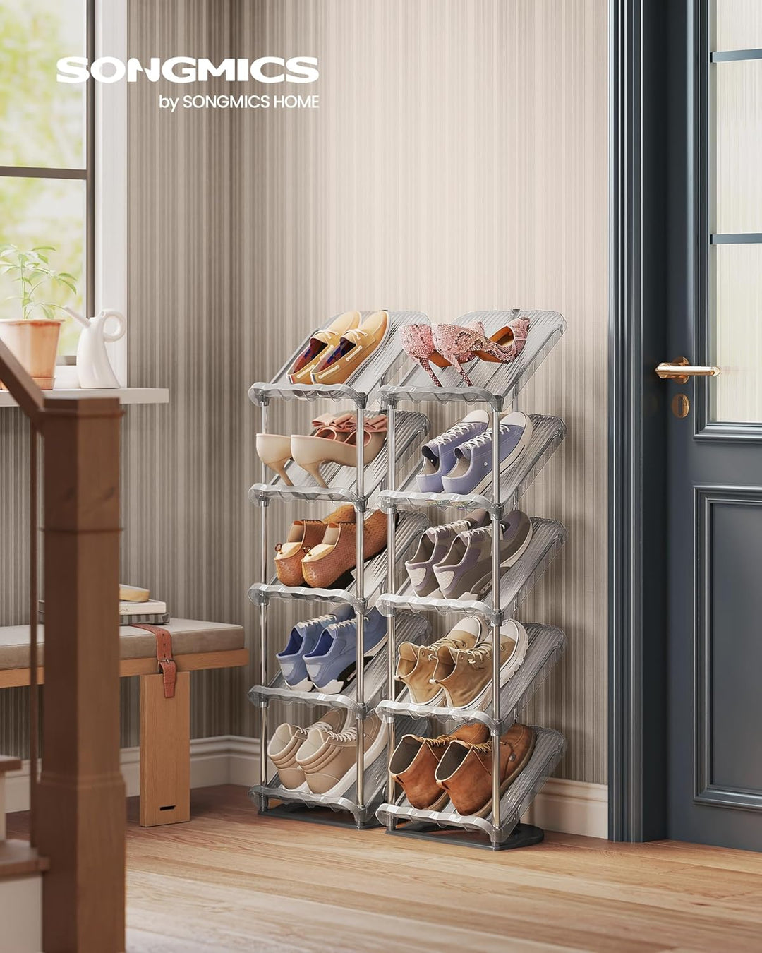 SONGMICS Schuhregal, 5 Ebenen, 2er Set, schräge Schuhablage, Schuhaufbewahrung, Kunststoff, 24,5 x 2