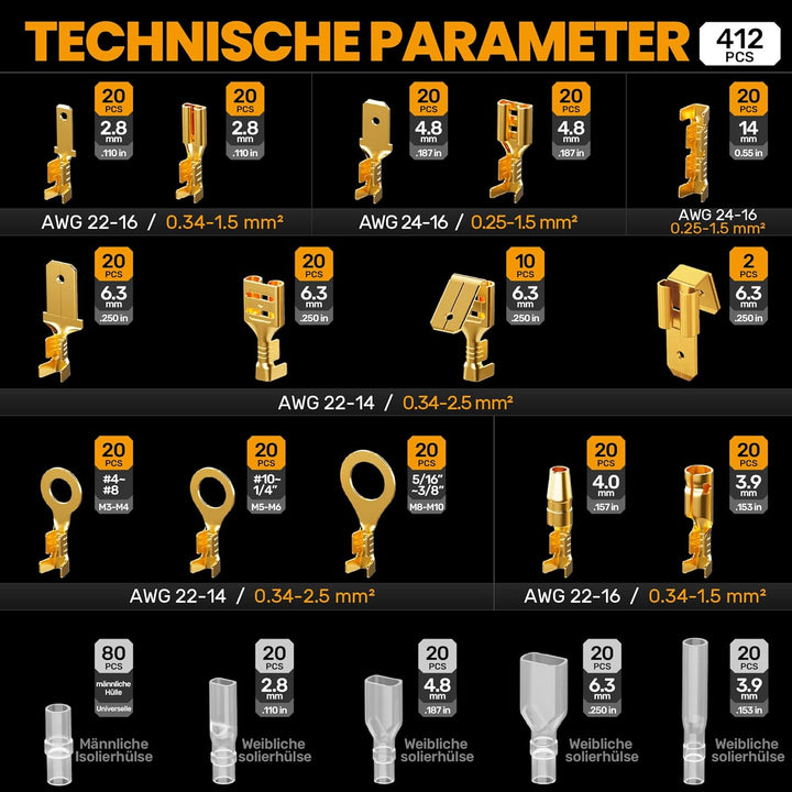Crimpzange Flachsteckhülsen Set Crimpwerkzeug kabelschuhe mit 240 stück Spade Flachstecker für 0.25-