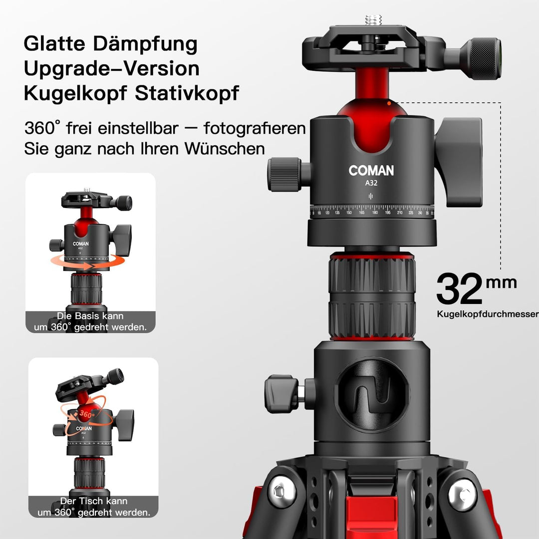 COMAN 181cm Horizontale Kamera Stativ Verfügt über eine Mittelsäule, Einen 360°-Kugelkopf, Eine Arca