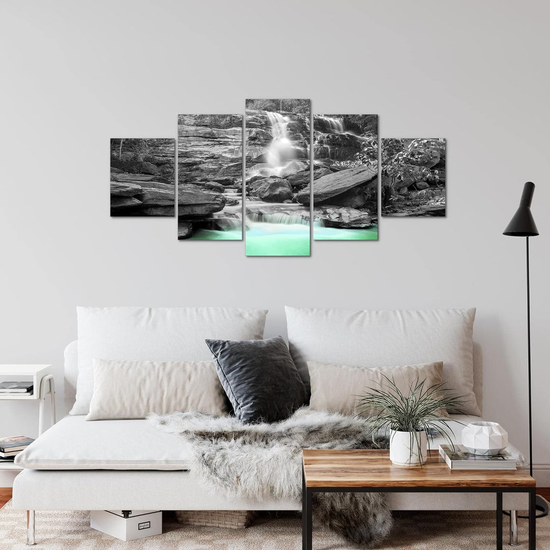Runa Art Wandbilder Wasserfall 5 Teilig Bild auf Vlies Leinwand Deko Wohnzimmer Schlafzimmer Panoram
