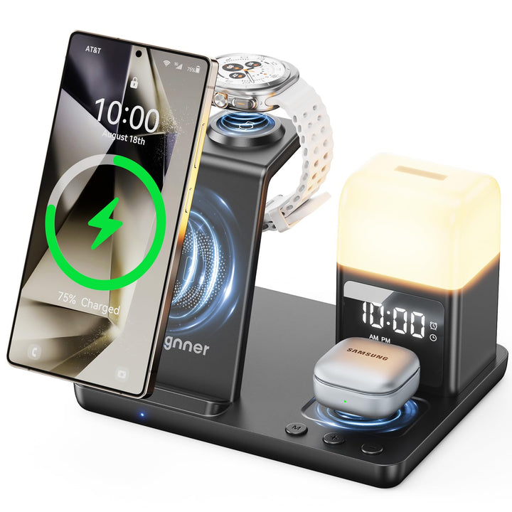 6 in1 Upgradierter Induktive Ladestation für Samsung mit Wecker & 3-Farben-Licht | Wireless Charger