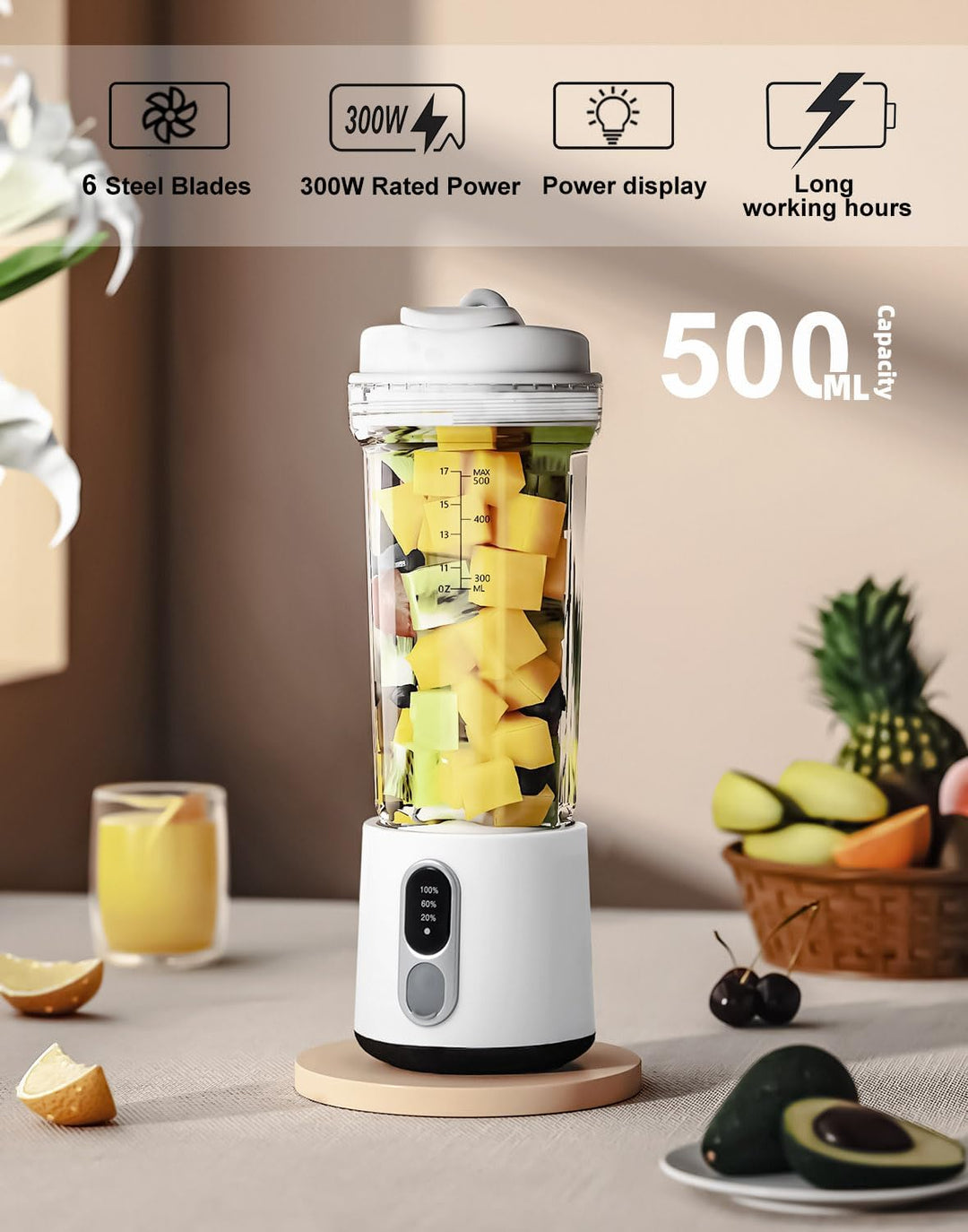 Tragbarer Mixer 500ml für Shakes Smoothies, USB-C Wiederaufladbarer 4000mAh, 6 Edelstahlklingen, Kab