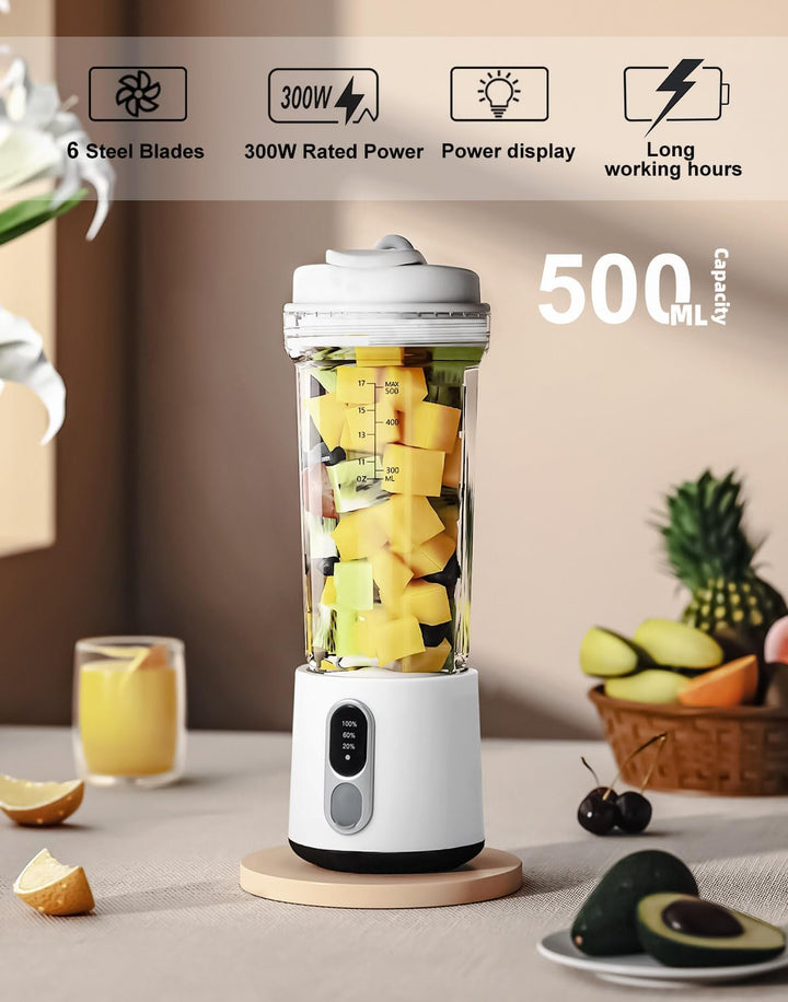 Tragbarer Mixer 500ml für Shakes Smoothies, USB-C Wiederaufladbarer 4000mAh, 6 Edelstahlklingen, Kab
