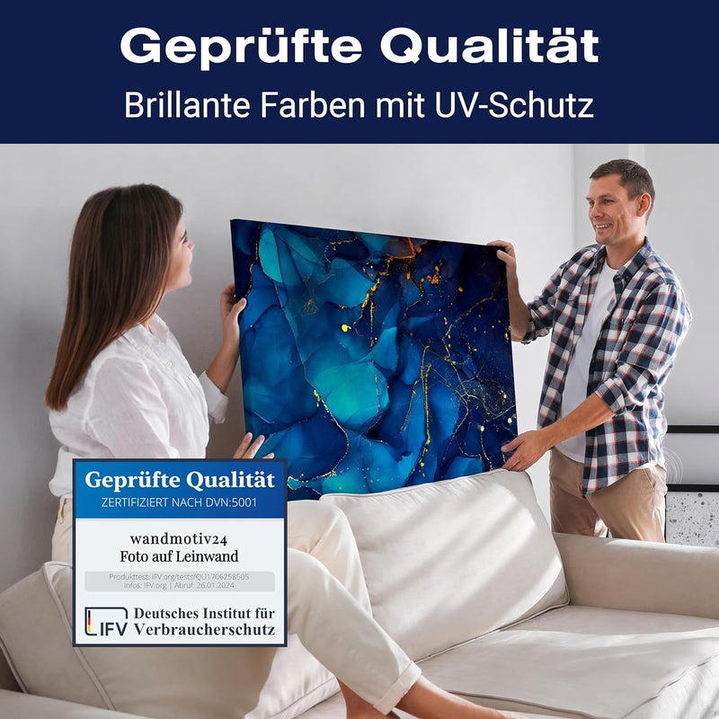 wandmotiv24 Leinwand-Bilder Natur-Stein, Grösse 100x75cm, Querformat, Blauer Marmor mit Gold, Blau,