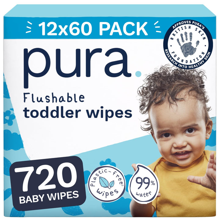 Pura Spülbare Öko-Baby-Feuchttücher für empfindliche Babyhaut, 720 Tücher (12 x 60 Tücher), Monatsbo