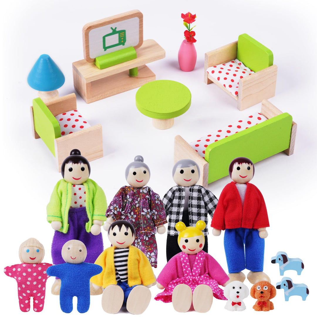 HOTUT Puppenhaus Möbel Set aus Holz, 20 Stück Puppenhaus Möbel mit 8 Puppenfamilien, Mini Puppenhaus