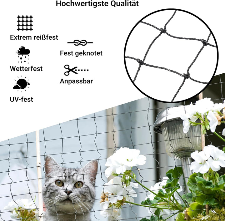 FinoPet Katzennetz für Balkon [Plus Drahtverstärkt] 8x3 Meter mit Katzenbürste und inklusive Befesti