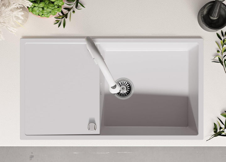 Spülbecken Weiss 90x50 cm, Granitspüle 1 Becken XL + Ablauf-Set, Küchenspüle für 60er Unterschrank,