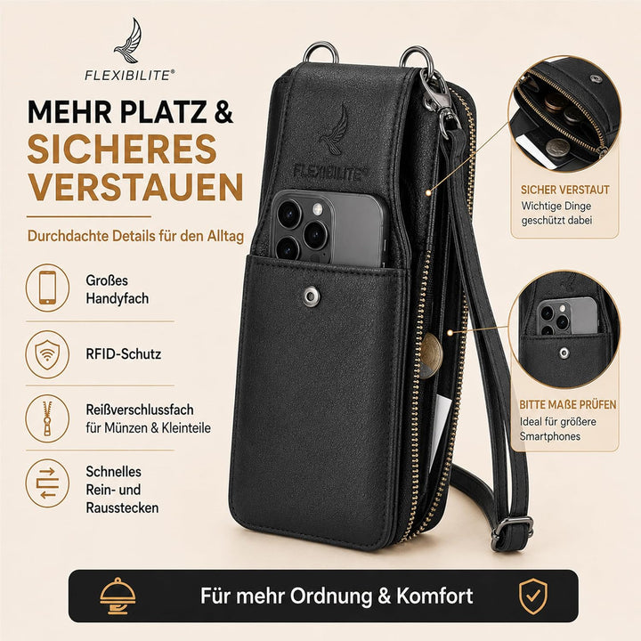 FLEXIBILITE® Handytasche zum Umhängen aus echtem Leder I EXTRA leicht 220 g mit RFID I Handy Portemo
