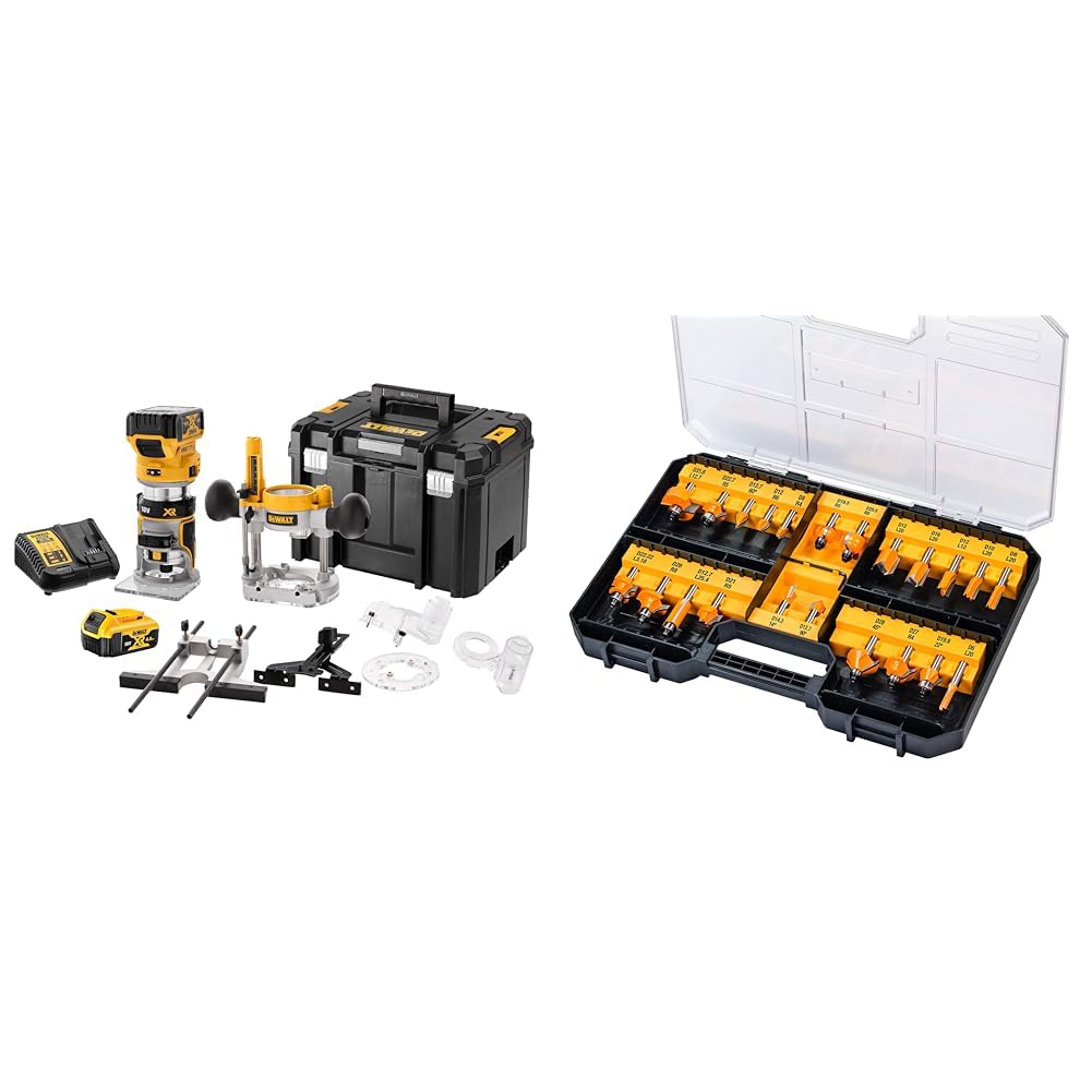 DEWALT DCW 604 P2 Akku Kombifräse 18V 55 mm + 2x Akku 5,0Ah + Ladegerät + TSTAK &amp; Fräser-Set 22 tlg.
