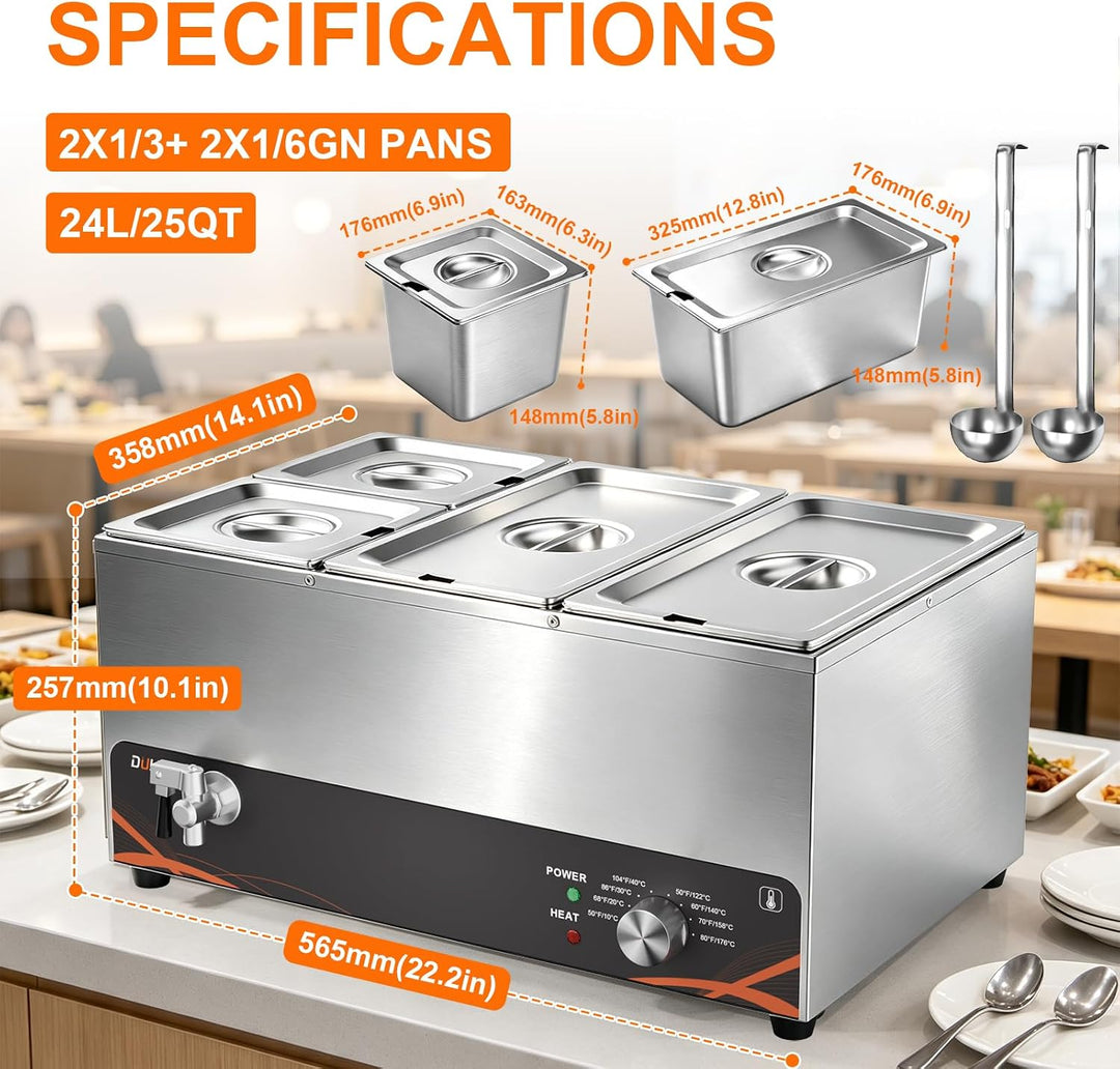 DULNICE Bain Marie Speisewärmer Elektrische Edelstahl 1500W 4 GN-Behältern Wasserbad mit Ablaufhahn,