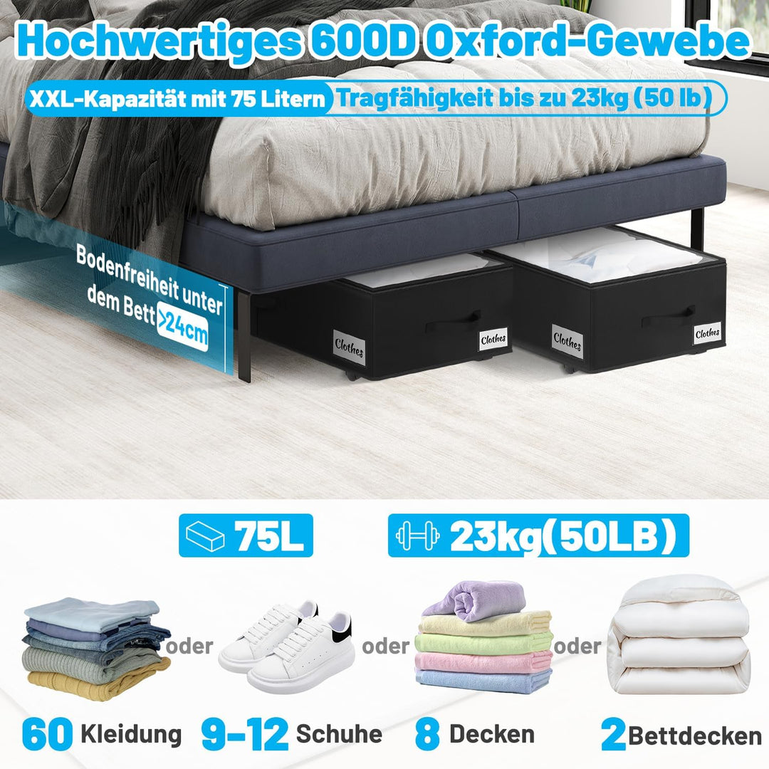 Unterbettkommode mit Rollen 360°Drehung, 2 Stück XXL 60L Unterbett Aufbewahrungsbox mit Transparente