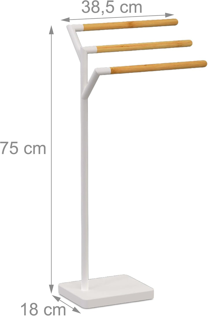 Relaxdays Handtuchständer, HxBxT: 75 x 38,5 x 18 cm, Metall, Bambus, 3 Stangen, Handtuchhalter stehe