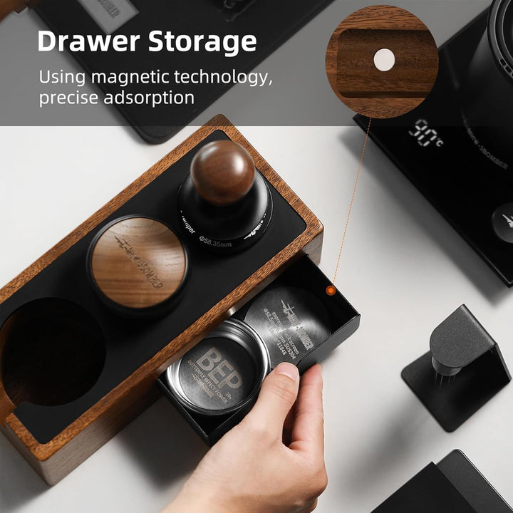 MHW-3BOMBER Espresso-Tampingstation, 4-in-1 Walnuss-Espresso-Organizer-Box mit magnetischer Schublad