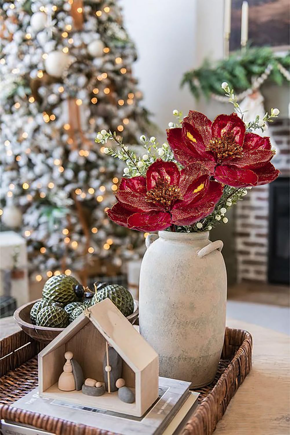 Briful 4 Stücke Weihnachtsstern Christbaumschmuck Magnolie Kunstblumen mit Glitzern Poinsettia Kunst