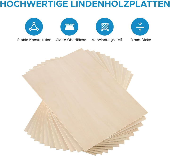 OMTech 12 Stück Lindenholzplatten 300x200x3mm Sperrholzplatten zum Basteln, Holzplatten zum Lasersch