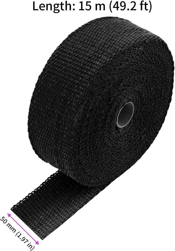 2 Stück Hitzeschutzband Schwarz 15m x 50mm, Basaltfaser Auspuff Hitzeschutzband Motorrad mit 20 Edel
