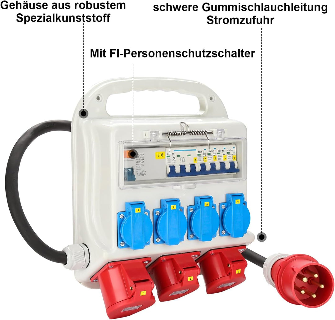 Fiqops Baustromverteiler 32a, Stromverteiler 4x230V+2x16A 400V CEE+1x32A 400V CEE, Wandverteiler mit
