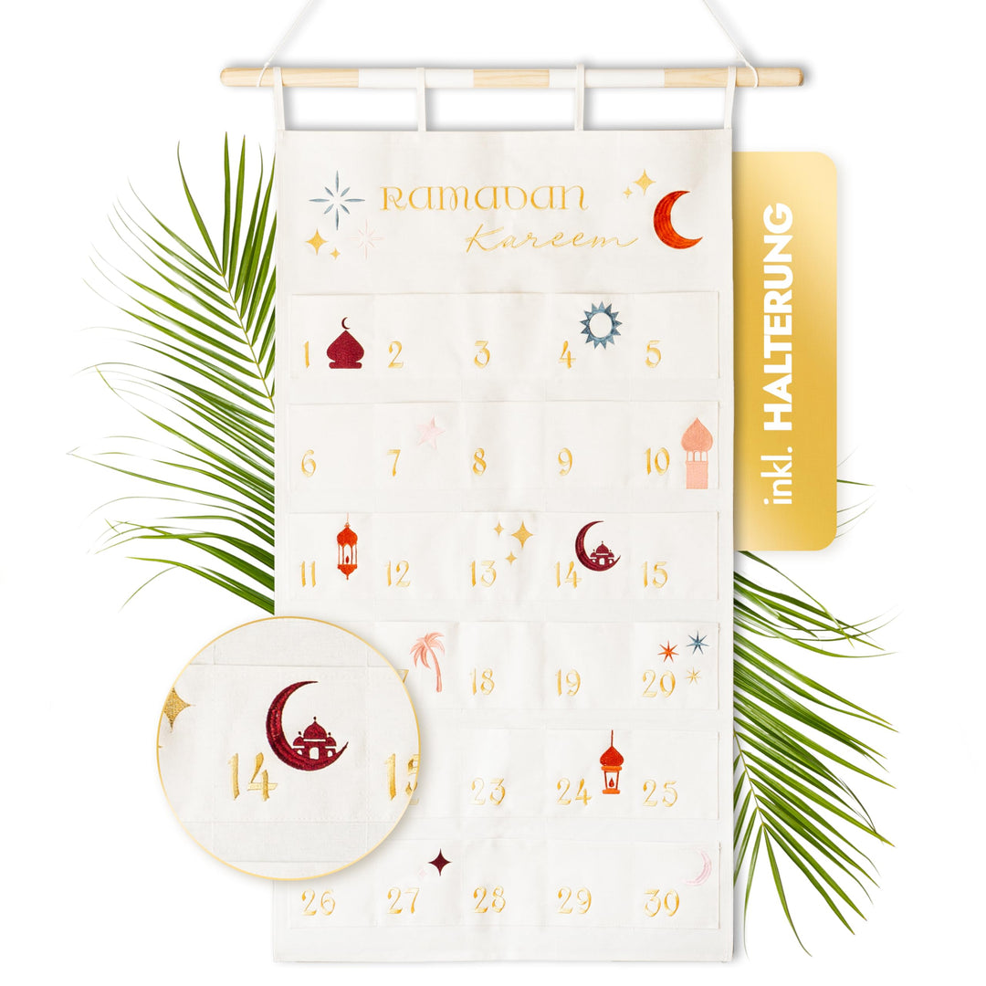 AMARI ® Ramadan Wandkalender aus Stoff mit Befestigungsstange - Ramadankalender zum Befüllen - Ramad