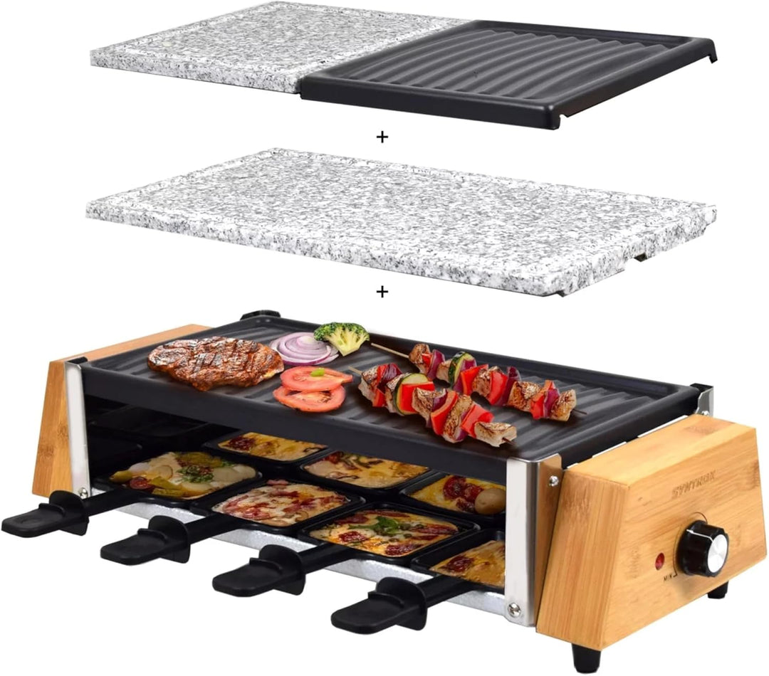 Syntrox Raclette Grill 8 Personen, 1500W Elektrischer Raclettegrill mit Natursteinplatte und Wendepl