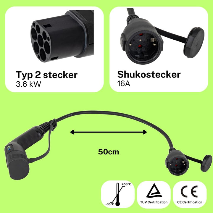 EV + Adapter für Elektrofahrzeug Ladekabel - Typ 2 IEC 62196 auf Schuko Stecker Ladegerätadapter - 1
