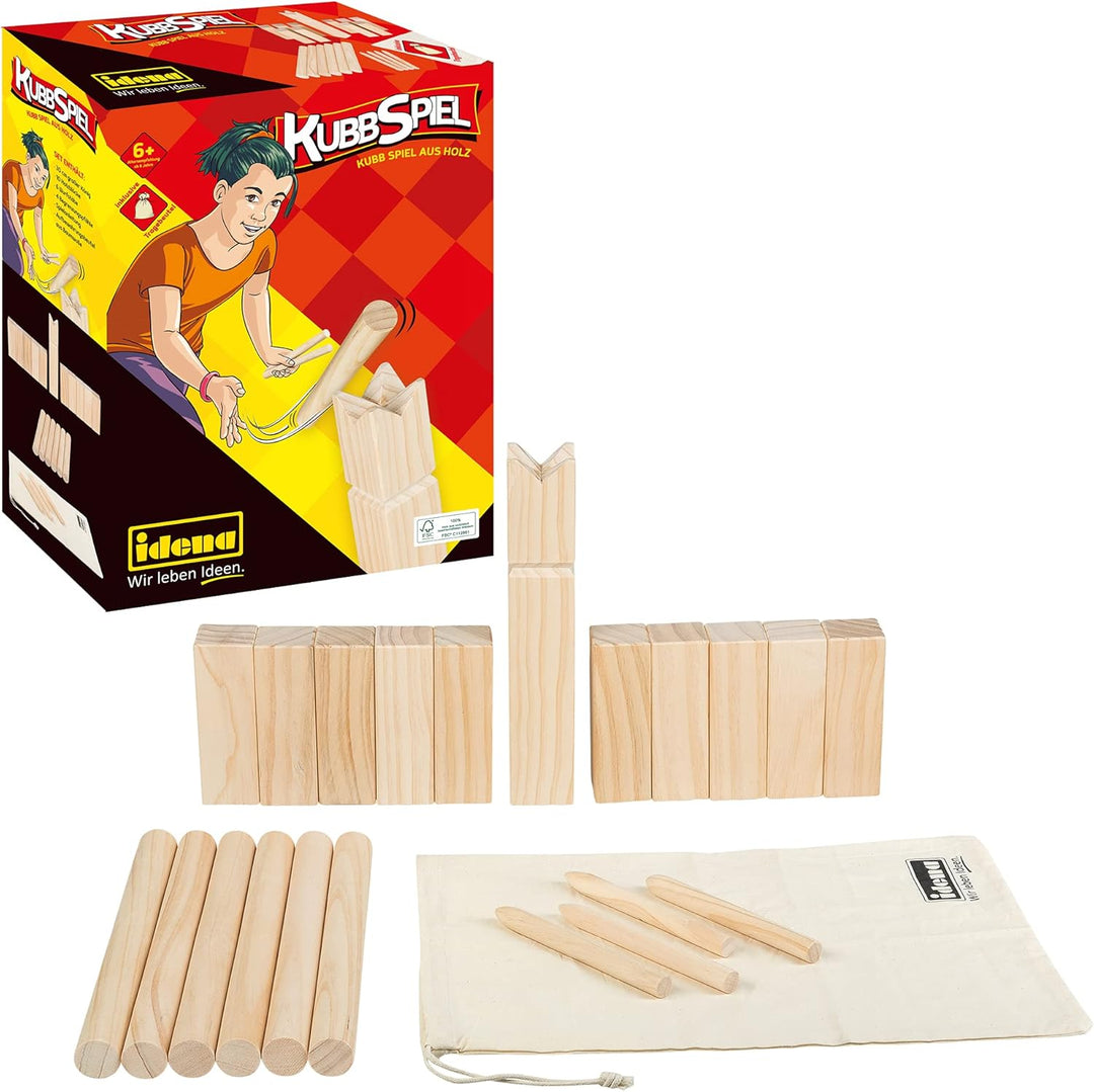 Idena 40175 - Kubb Spiel mit 10 Kubbs, 6 Wurfhölzern, König und 4 Eckstäben, inklusive Transport- un