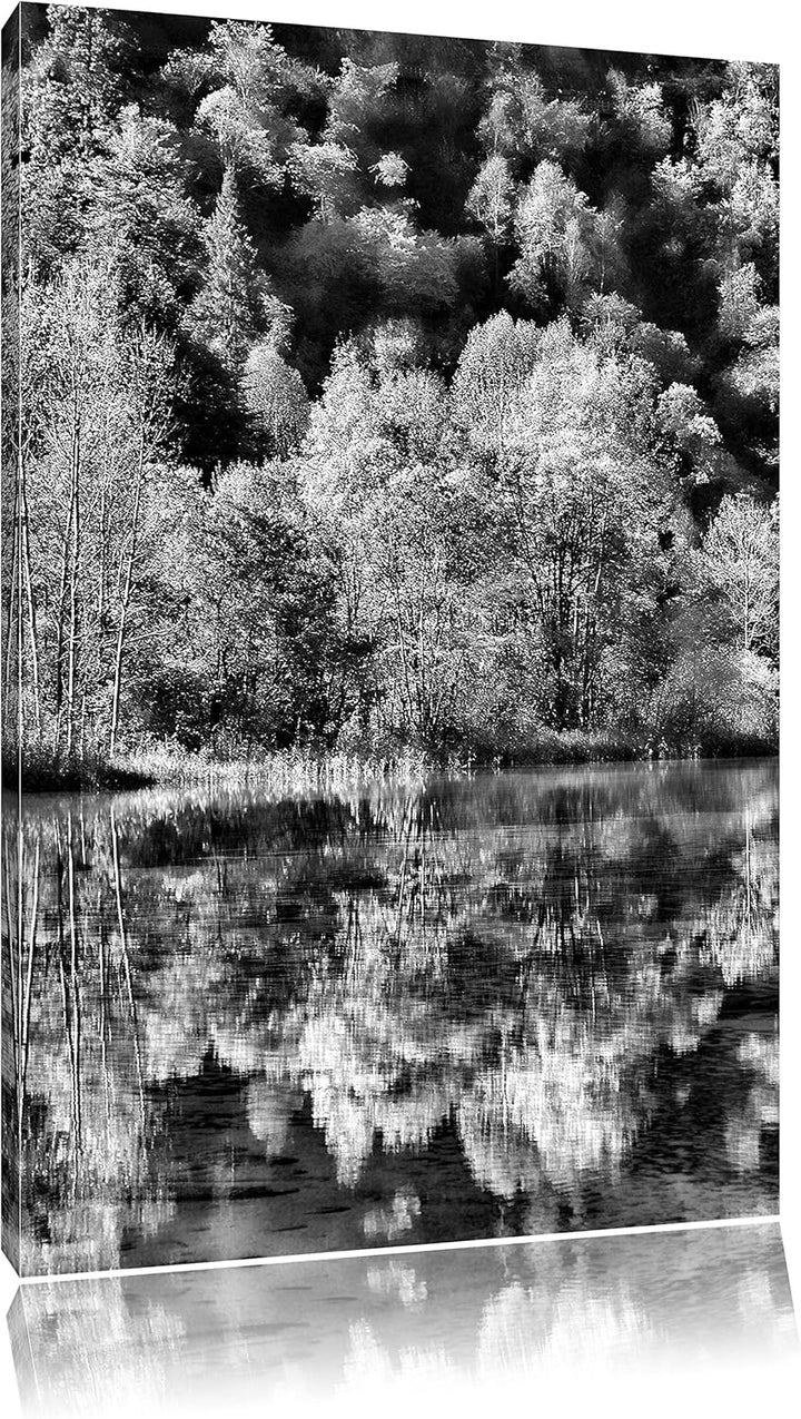 Pixxprint herbstlicher Wald am See / 100x70cm Leinwandbild bespannt auf Holzrahmen/Wandbild Kunstdru